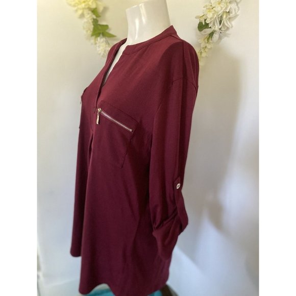 Siddhe Tunic Top Button Front V Neck 3/4 Rolled Long Sleeve Zip Burgundy 2XL NWT - Picture 4 of 16